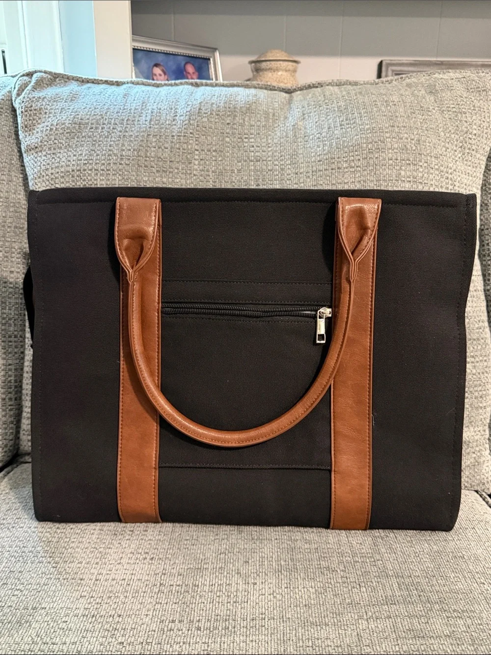 NWOT Classic Black Canvas Tote/Laptop bag with Brown Trim - Men or Women’s